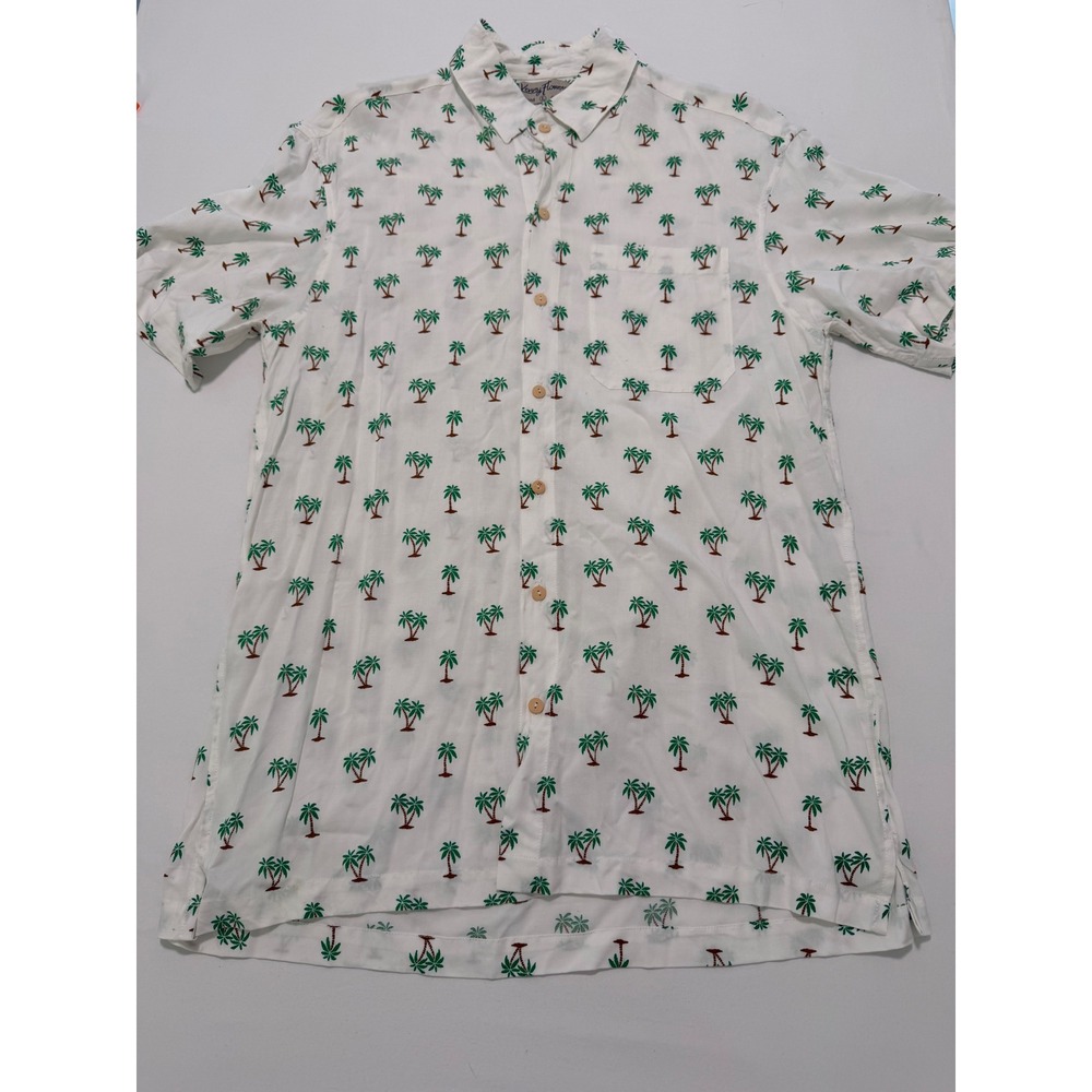 Kenny Flowers Mens Palm Tree Print Rayon Button Down Shirt White Green Large